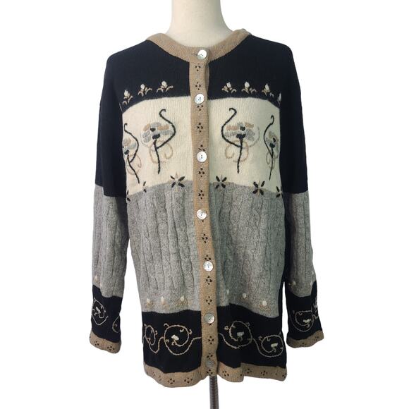 One Step Up Gray Tan Black Lambswool Angora Button Up Sweater Cardigan XL 18 20 - Picture 1 of 4